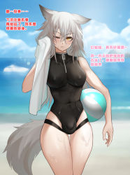 Rule 34 | 1futa, animal ears, arknights, ball, beach, beachball, black one-piece swimsuit, blue sky, blush, breasts, bulge, chinese text, cloud, cloudy sky, covered erect nipples, covered testicles, cowboy shot, day, drying, futanari, gins, grey hair, hair between eyes, highres, holding, holding ball, holding beachball, holding towel, long hair, looking at viewer, medium breasts, no jacket, ocean, official alternate costume, one-piece swimsuit, one eye closed, outdoors, paid reward available, projekt red (arknights), projekt red (light breeze) (arknights), sand, sky, solo, swimsuit, tail, testicles, thighs, towel, translation request, v-shaped eyebrows, water, wet, wolf ears, wolf girl, wolf tail, yellow eyes, zipper pull tab