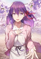 Rule 34 | 1girl, :d, artist name, bianyuanqishi, breasts, cardigan, day, dress, fate/stay night, fate (series), flower, hair between eyes, highres, large breasts, long hair, looking at viewer, matou sakura, official alternate costume, open cardigan, open clothes, open mouth, outdoors, outstretched hand, petals, purple eyes, purple flower, purple hair, purple ribbon, ribbon, signature, smile, solo, teeth, upper body, white dress, wind