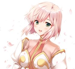 Rule 34 | 1girl, :d, ayamisiro, blush, commentary request, dress, estellise sidos heurassein, green eyes, juliet sleeves, long sleeves, looking at viewer, open mouth, petals, pink hair, puffy sleeves, short hair, simple background, smile, solo, tales of (series), tales of vesperia, upper body, white background
