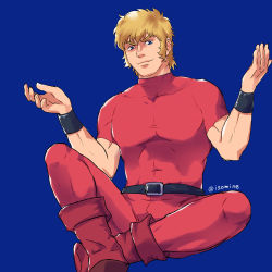 Rule 34 | 1boy, artist name, belt, blonde hair, blue background, boots, cobra (space adventure cobra), crossed ankles, hand up, isomine, male focus, medium hair, pants, red footwear, red pants, red shirt, shirt, sideburns, simple background, sitting, smile, solo, space adventure cobra, toned, toned male, wristband