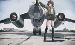 Rule 34 | 1girl, absurdres, aircraft, airplane, black socks, boots, brown footwear, brown hair, brown pants, building, cloud, cloudy sky, earhart (neural cloud), film grain, girls&#039; frontline, girls&#039; frontline neural cloud, green jacket, highres, jacket, knee pads, kneehighs, leaning on object, light smile, looking at viewer, nighttsound, open clothes, open jacket, pants, red eyes, runway, scarf, shirt, short hair, short shorts, shorts, sky, socks, solo, tree, vehicle focus, weeds, white shirt, yak-28, yellow scarf