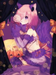 Rule 34 | 1girl, animal costume, animal ears, bare shoulders, blush, bow, candy, commentary request, curtains, detached sleeves, fake animal ears, fake tail, fate/grand order, fate (series), food, fur-trimmed gloves, fur-trimmed sleeves, fur collar, fur trim, gloves, hair over one eye, halloween, halloween costume, harukappa, highres, holding, holding candy, holding food, holding lollipop, jack-o&#039;-lantern, licking, lollipop, looking at viewer, mash kyrielight, mash kyrielight (dangerous beast), navel, official alternate costume, one eye covered, pink hair, pumpkin, purple eyes, purple gloves, red bow, revealing clothes, seiza, short hair, sitting, solo, tail, wolf costume, wolf ears, wolf girl, wolf tail
