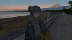 Rule 34 | 1girl, absurdres, bag, beach, bird, black gloves, gloves, grey scarf, hat, highres, jacket, kutoha, long sleeves, mountain, outdoors, purple eyes, road, scarf, shima rin, smile, solo, stairs, standing, upper body, yurucamp