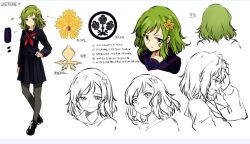 Rule 34 | 1girl, arm up, arrow (symbol), black footwear, black pantyhose, black serafuku, black skirt, breasts, brown eyes, character sheet, closed mouth, concept art, expressionless, eyebrows, female focus, flower, from behind, full body, green hair, hair flower, hair ornament, hand on own hip, hand on own head, karaori, kochiya yayoi, loafers, long sleeves, looking at viewer, medium breasts, multiple views, neckerchief, neko (yanshoujie), open mouth, original, pantyhose, partially colored, pleated skirt, profile, school uniform, serafuku, shoes, simple background, skirt, smile, standing, the sealed esoteric history, touhou, translation request, uniform, white background