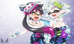 Rule 34 | + +, 2girls, artist name, black dress, black jumpsuit, breasts, brown eyes, callie (splatoon), chichi band, cleavage, closed eyes, cousins, detached collar, dress, fangs, food, food on head, gloves, green legwear, grey hair, highres, holding hands, inkling, jumpsuit, long hair, looking at another, looking back, marie (splatoon), mask, medium breasts, mole, mole under eye, multiple girls, nintendo, object on head, open mouth, pointy ears, short hair, short jumpsuit, smile, standing, strapless, strapless dress, sushi, tentacle hair, unitard, upper body, watermark, white gloves, yuri