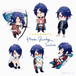 Rule 34 | 1boy, alcryst (fire emblem), armor, arrow (projectile), blue hair, bow (weapon), chibi, circlet, closed eyes, closed mouth, fire emblem, fire emblem engage, gift, hair ornament, hairclip, happy birthday, highres, holding, holding bow (weapon), holding weapon, jacket, nintendo, official alternate costume, open clothes, open jacket, red eyes, shirt, short hair, shoulder armor, simple background, smile, sommie (fire emblem), weapon, white background, white shirt, yoi0763