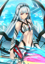 Rule 34 | 10s, 1girl, altera (fate), aqua background, arm warmers, choker, cowboy shot, dark-skinned female, dark skin, fate/extella, fate/extra, fate/grand order, fate (series), kotera ryou, long hair, looking at viewer, midriff, navel, photon ray (fate), red eyes, solo, sword, tattoo, weapon, white hair