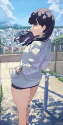 Rule 34 | 1girl, bare legs, black hair, black skirt, blue sky, breasts, chain-link fence, city, cloud, day, fence, floating hair, from side, gridman universe, hands in pockets, highres, horizon, long hair, looking ahead, m.q (mqkyrie), miniskirt, outdoors, parted lips, profile, purple eyes, railing, school uniform, skirt, sky, small breasts, solo, ssss.gridman, stairs, sweater, takarada rikka, thighs, white sweater
