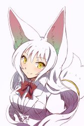 Rule 34 | 10s, 1girl, absurdres, animal ears, blush, breasts, extra ears, fox ears, fox tail, highres, kemono friends, long hair, looking at viewer, oinari-sama (kemono friends), sakuragi rian, simple background, solo, tail, upper body, white background, yellow eyes