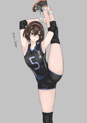 Rule 34 | 1girl, :c, absurdres, armpits, arms behind head, arms up, black footwear, black shirt, black shorts, bracelet, breasts, brown eyes, brown hair, dot nose, elbow sleeve, fuku (fuku12290574), grey background, hairband, highres, jersey, jewelry, knee sleeve, looking to the side, open mouth, original, raised eyebrows, red hairband, shirt, shoes, short hair, short shorts, shorts, simple background, sleeveless, sleeveless shirt, small breasts, sneakers, socks, split, sportswear, standing, standing on one leg, standing split, thick thighs, thighs, volleyball uniform, white socks