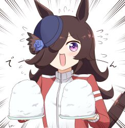 Rule 34 | animal ears, black hair, blush, breasts, commentary request, flower, food, hair over one eye, hat, horse ears, horse girl, horse tail, jacket, kimukimu, long hair, looking at viewer, open mouth, plate, portrait, purple eyes, rice, rice shower (umamusume), signature, small breasts, tail, track jacket, umamusume, white background