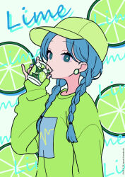 Rule 34 | 1girl, baseball cap, blue eyes, blue hair, breasts, commentary, cup, dated, drinking glass, food, fruit, green hat, green shirt, grey background, hand up, hat, highres, holding, holding cup, lime (fruit), lime slice, long hair, long sleeves, looking at viewer, low twintails, neki (wakiko), original, parted bangs, puffy long sleeves, puffy sleeves, shirt, simple background, sleeves past wrists, small breasts, solo, twintails, twitter username, upper body