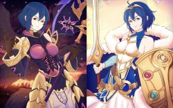 Rule 34 | 1girl, armor, axe, bad end, bare shoulders, blue eyes, blue hair, cape, corruption, dress, dual persona, falchion (fire emblem), fire emblem, fire emblem awakening, fire emblem heroes, good end, grima (fire emblem), highres, holding, holding weapon, morgan (female) (fire emblem), morgan (fire emblem), nintendo, possessed, possession, red eyes, shield, short hair, sword, tiara, truejekart, weapon