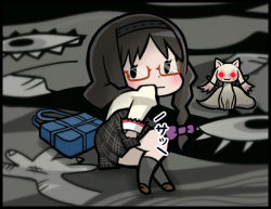 Rule 34 | + +, 10s, 1girl, :3, :|, akemi homura, alternate hairstyle, arm support, bag, black hair, black socks, blush, border, bow, chikuwabu, closed mouth, comic, covering privates, covering ass, embarrassed, eyelashes, glasses, glowing, glowing eyes, hair bow, hair ornament, hairband, kneehighs, kyubey, long hair, looking back, mahou shoujo madoka magica, mahou shoujo madoka magica (anime), on floor, on ground, plaid, plaid skirt, pleated skirt, puffy sleeves, red-framed eyewear, red eyes, school bag, school uniform, shoes, skirt, skirt tug, socks, solo, spoilers, translation request, twintails, witch&#039;s labyrinth