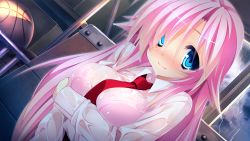 Rule 34 | 1girl, blue eyes, blush, bra, breasts, game cg, hair over one eye, indoors, kamitsurugi ouka, koiseyo!! imouto banchou, kuwada yuuki, latte (company), long hair, natsuhiko, necktie, nogami kanako, pink hair, see-through, shirt, sky, smile, solo, tagme, underwear, wet