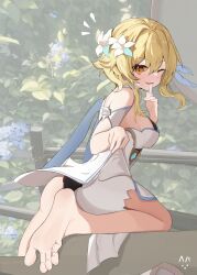 Rule 34 | 1girl, absurdres, bare shoulders, barefoot, black panties, blonde hair, breasts, clothes lift, commentary request, dress, dress lift, feet, finger to mouth, flower, foot out of frame, genshin impact, hair between eyes, highres, lifting own clothes, looking at viewer, lumine (genshin impact), medium breasts, medium hair, notice lines, one eye closed, orange eyes, panties, soles, solo, toes, underwear, v.a. (vanilla), white dress