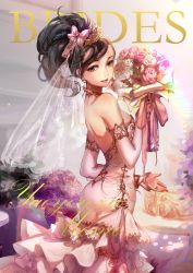 Rule 34 | 10s, 1girl, :d, absurdres, black hair, boku no hero academia, bouquet, bow, breasts, bridal veil, bride, brown eyes, character name, detached sleeves, diadem, dress, floating hair, flower, from side, hair bow, high ponytail, highres, holding, holding bouquet, jewelry, layered dress, long dress, long hair, looking at viewer, medium breasts, mozer (zerlinda), open mouth, pink bow, pink flower, pink rose, ring, rose, sideboob, sleeveless, sleeveless dress, smile, solo, standing, tiara, veil, wedding dress, wedding ring, white dress, white flower, yaoyorozu momo