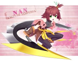 Rule 34 | 00s, 1girl, :o, angry, bad id, bad pixiv id, blade, boots, brown hair, character name, copyright name, full body, gloves, green eyes, nan (tales), open mouth, short hair, side ponytail, solo, spandex, sturm (sutsurumu), tales of (series), tales of vesperia, torn clothes, weapon