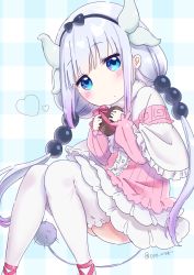 Rule 34 | 10s, 1girl, bad id, bad pixiv id, beads, blue eyes, blunt bangs, blush, candy, capelet, chocolate, chocolate heart, commentary request, dragon girl, dragon horns, dress, food, gift, hair beads, hair ornament, hairband, heart, highres, holding, holding gift, horns, kanna kamui, kinako (shiratama mochi), knees together feet apart, kobayashi-san chi no maidragon, light purple hair, long hair, looking at viewer, ribbon, solo, tail, thighhighs, twintails, twitter username, usako (ppp usagi ), valentine, white thighhighs