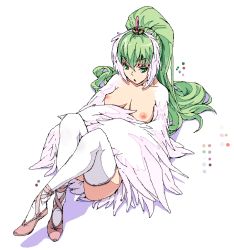 Rule 34 | 1girl, :o, amami amayu, ballet slippers, breasts, breasts apart, color guide, crossed legs, crown, dutch angle, feather hair, feathers, from above, full body, green eyes, green hair, harpy, high ponytail, long hair, long pointy ears, looking at viewer, matching hair/eyes, monster collection, monster girl, nipples, nude, oekaki, open mouth, palette (object), plantar flexion, pointy ears, ponytail, raimei no maihime raika, shadow, shoes, simple background, sitting, solo, thighhighs, very long hair, white background, white thighhighs, white wings, winged arms, wings