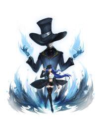 Rule 34 | 1girl, 1other, :d, absurdres, black coat, black hat, black skirt, black thighhighs, blue eyes, blue hair, chain, coat, commentary, crop top, garter straps, grin, hat, he7 (he7hihi), highres, holding, holding knife, holding weapon, knife, long hair, long sleeves, looking at viewer, midriff, miniskirt, navel, necktie, open clothes, open coat, open mouth, original, purple necktie, simple background, skirt, smile, standing, stomach, strapless, thighhighs, thighs, top hat, tube top, very long hair, weapon, white background