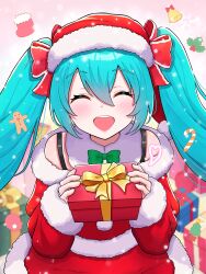 Rule 34 | 1girl, bell, blue hair, blush, bow, bowtie, box, candy, candy cane, christmas, christmas stocking, closed eyes, dress, food, fur-trimmed dress, fur-trimmed sleeves, fur collar, fur trim, gift, gift box, gingerbread man, hair bow, hat, hatsune miku, heart, highres, holding, holding box, holding gift, incoming gift, long hair, long sleeves, open mouth, santa costume, santa hat, smile, snowing, solo, twintails, uzuki sena, vocaloid