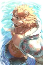 Rule 34 | 1boy, abs, animal ears, bara, birry, commentary request, facial hair, floral print, from above, goatee, highres, hood, hooded jacket, indie virtual youtuber, jacket, jewelry, kinji ninomiya, large pectorals, lion boy, lion ears, lion mane, looking to the side, male focus, male swimwear, muscular, muscular male, necklace, pectorals, sunglasses, swim trunks, thick eyebrows, water