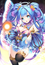 Rule 34 | 1girl, black thighhighs, blue eyes, blue hair, breasts, butterfly wings, cleavage, detached sleeves, drill hair, frills, hair ornament, halo, highres, insect wings, large breasts, long hair, looking at viewer, matching hair/eyes, open mouth, original, roh nam kyung, solo, thighhighs, twintails, very long hair, wide hips, wings
