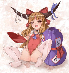 Rule 34 | 1girl, alcohol, alternate costume, blue ribbon, blunt bangs, bow, brown eyes, cameltoe, collar, covered navel, cup, fang, gourd, hair bow, highres, horn ornament, horn ribbon, horns, ibuki suika, light brown hair, long hair, looking at viewer, pointy ears, red bow, ribbon, sakazuki, sake, sitting, smile, solo, spread legs, thighhighs, touhou, white background, yangshangshu