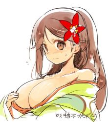 Rule 34 | 10s, 1girl, amagi (kancolle), areola slip, artist name, bare shoulders, blush, breasts, brown eyes, brown hair, cleavage, collarbone, covering nipples, covering one breast, covering privates, flower, flying sweatdrops, hair flower, hair ornament, kantai collection, large breasts, long hair, mole, mole under eye, no bra, off shoulder, ponytail, simple background, solo, sweatdrop, wardrobe malfunction, white background, yuzuki gao