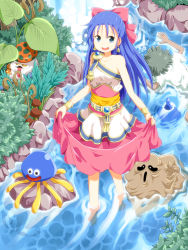 Rule 34 | 1girl, :d, blue eyes, blue hair, bow, dragon quest, dragon quest v, flora (dq5), hair bow, half updo, long hair, open mouth, pink bow, ruu (tksymkw), skirt hold, smile, wading, water