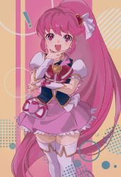 Rule 34 | !, 1girl, absurdres, aino megumi, black vest, boots, bow, brooch, cowboy shot, cure lovely, earrings, frills, hair between eyes, hair ornament, hand on own chin, happinesscharge precure!, heart, heart brooch, heart hair ornament, highres, jewelry, long hair, looking at viewer, magical girl, open mouth, pink background, pink eyes, pink hair, pink legwear, pink shirt, pink skirt, ponytail, pouch, precure, puffy sleeves, red bow, shipu (gassyumaron), shirt, signature, skirt, smartwatch, smile, solo, stroking own chin, thigh boots, thinking, vest, wide ponytail, wristwatch, yellow background