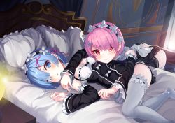Rule 34 | 10s, 2drr, 2girls, ass, bed, black dress, black hairband, blue eyes, blue hair, blush, bow, breasts, closed mouth, commentary request, detached sleeves, dress, flower knot, frilled pillow, frilled sleeves, frills, hair ornament, hair over one eye, hair ribbon, hairband, hairclip, indoors, kneeling, long sleeves, lying, medium breasts, multiple girls, no shoes, on back, on bed, pillow, pink hair, pink ribbon, ram (re:zero), re:zero kara hajimeru isekai seikatsu, red eyes, rem (re:zero), ribbon, short hair, siblings, sisters, sleeveless, sleeveless dress, smile, thighhighs, twins, white bow, white legwear, wide sleeves, x hair ornament