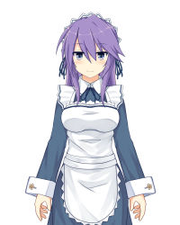 Rule 34 | 1girl, alternate costume, anemone (flower knight girl), apron, bad id, bad pixiv id, blue dress, blue eyes, cowboy shot, dress, flower knight girl, highres, long hair, looking at viewer, maid, maid headdress, purple hair, shinopoko, smile, solo, white background