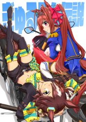 Rule 34 | 2girls, absurdres, animal ears, arms behind head, arms up, text background, belt, belt buckle, black footwear, black jacket, black shorts, blue jacket, boots, bow, brown belt, brown eyes, brown hair, buckle, closed mouth, commentary request, crop top, daiwa scarlet (umamusume), epaulettes, hair between eyes, hair bow, hair over one eye, highres, horse ears, horse girl, horse tail, jacket, juliet sleeves, long hair, long sleeves, lying, making-of available, midriff, multicolored hair, multiple girls, navel, on back, puffy sleeves, red bow, red eyes, rokochandayo, shadow, short shorts, shorts, smile, tail, thigh boots, translation request, twintails, twitter username, two-tone hair, umamusume, very long hair, vodka (umamusume), white background, white hair