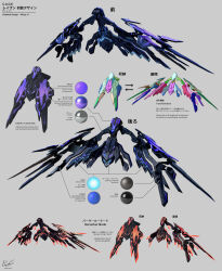 Rule 34 | arrow (symbol), character sheet, color guide, commentary request, english text, grey background, highres, mechanical wings, multiple views, no humans, original, pinakes, science fiction, signature, wings
