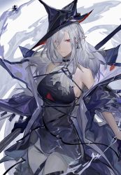 Rule 34 | 1girl, absurdres, abyssal hunters logo, arknights, bare shoulders, bingansuan jiamouren, black coat, black dress, black headwear, breasts, chinese commentary, coat, commentary request, cowboy shot, dress, earrings, gladiia (arknights), grey pantyhose, highres, jewelry, long hair, medium breasts, off shoulder, open clothes, open coat, pantyhose, pointy ears, red eyes, silver hair, sleeveless, sleeveless dress, solo