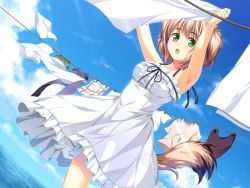 Rule 34 | 1girl, :o, animal ears, breasts, brown hair, clothes, dog ears, dress, frills, game cg, green eyes, highres, koya chachako, laundry, looking at viewer, ocean, otomimi infinity, outdoors, ribbon, short hair, sky, solo, tail, water