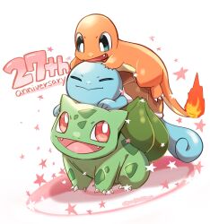 Rule 34 | anniversary, blue eyes, bulbasaur, charmander, closed eyes, closed mouth, creatures (company), fang, fire, game freak, gen 1 pokemon, highres, nintendo, open mouth, pokemon, pokemon (creature), pon (ponymmtknsk), red eyes, simple background, squirtle, star (symbol)