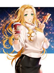 Rule 34 | 1girl, black skirt, blonde hair, blush, bracelet, breasts, coffee cup, cup, disposable cup, earrings, fate/grand order, fate (series), forehead, green eyes, grin, highres, jewelry, large breasts, long hair, long sleeves, looking at viewer, murakami yuichi, necklace, open mouth, parted bangs, quetzalcoatl (fate), skirt, smile, solo, sparkle, sweater, ticket, white sweater