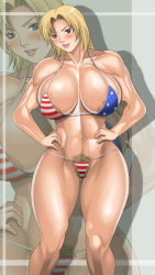 1girl abs american_flag_bikini american_flag_print american_flag_swimsuit bikini blonde_hair blue_eyes blush breasts dead_or_alive flag_print hideaki_honjou highres huge_breasts muscular nipple_slip nipples print_bikini pubic_hair swimsuit tecmo thick_thighs thighs tina_armstrong wet