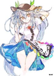 Rule 34 | apron, black hat, blue hair, blue skirt, bow, bowtie, crossed bangs, food, fruit, hand on own head, hat, hinanawi tenshi, long hair, looking at viewer, messy hair, orange eyes, peach, rainbow order, red bow, red bowtie, shirt, short sleeves, signature, skirt, smile, solo, thighs, touhou, tsuru (nekopanchi), white background, wing collar