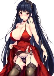 Rule 34 | 1girl, ahoge, alternate costume, alternate hairstyle, azur lane, bare shoulders, black garter belt, black hair, blush, breasts, choker, cleavage, clothes lift, cocktail dress, collarbone, cowboy shot, dress, dress lift, fukuda shuushi, garter belt, garter straps, gluteal fold, groin, hair between eyes, hair ornament, highres, huge breasts, lace, lace-trimmed legwear, lace trim, large breasts, lifted by self, lingerie, long hair, looking at viewer, one side up, panties, purple panties, red choker, red dress, red eyes, see-through, simple background, skindentation, smile, solo, standing, taihou (azur lane), taihou (forbidden feast) (azur lane), thighhighs, thighs, underwear, unmoving pattern, very long hair, white background
