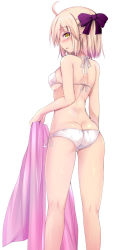 Rule 34 | 1girl, :o, ahoge, arched back, ass, bare shoulders, bikini, blonde hair, blush, bow, breasts, butt crack, eyebrows, fate/grand order, fate (series), from behind, hair bow, holding, koha-ace, looking at viewer, looking back, okita souji (fate), okita souji (koha-ace), open mouth, profile, purple bow, ribbon, sen (astronomy), short hair, sideboob, simple background, solo, standing, swimsuit, thighs, towel, tsurime, white background, white bikini, white ribbon, yellow eyes