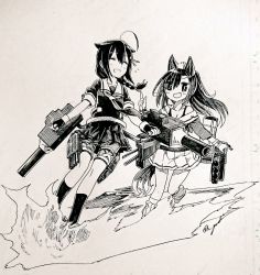 Rule 34 | 10s, 2girls, ahoge, animal ears, azur lane, black hair, blush, breasts, cleavage, closed eyes, collarbone, commentary request, crossover, dual wielding, gloves, gouta (nagishiro6624), greyscale, hair ornament, historical name connection, holding, kantai collection, medium hair, monochrome, multiple girls, name connection, necktie, open mouth, school uniform, shigure (bilan hangxian), shigure (kancolle), simple background, torpedo tubes, waves, weapon
