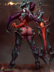 Rule 34 | 1girl, aatrox, armored boots, ass, boots, breasts, closed mouth, colored skin, demon girl, from behind, gauntlets, glowing, glowing eyes, helmet, highres, holding, holding sword, holding weapon, large breasts, league of legends, long hair, multicolored skin, outdoors, purple hair, red eyes, red hair, red skin, shiny skin, solo, sunset, sword, themaestronoob, watermark, weapon, web address