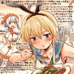 Rule 34 | 10s, 3girls, alternate costume, asashimo (kancolle), blonde hair, blue eyes, blue sailor collar, blush, collarbone, colored pencil (medium), commentary request, crop top, curry, curry rice, dated, folded ponytail, food, hair between eyes, holding, holding spoon, kamoi (kancolle), kantai collection, kirisawa juuzou, long hair, multiple girls, numbered, rice, sailor collar, shimakaze (kancolle), sleeveless, spoon, traditional media, translation request, twitter username, white hair