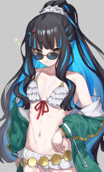 1girl absurdres bare_shoulders belly_chain bikini black_hair blue_hair breasts choker colored_inner_hair eyeliner fate/grand_order fate_(series) green_jacket grey_eyes high_ponytail highres jacket jewelry lechiennoir long_hair long_sleeves looking_at_viewer makeup multicolored_hair navel off_shoulder round_eyewear sidelocks small_breasts solo sparkle sunglasses swimsuit tenochtitlan_(fate) tenochtitlan_(swimsuit_mooncancer)_(fate) tenochtitlan_(swimsuit_mooncancer)_(first_ascension)_(fate) white_bikini