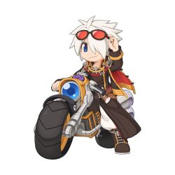 Rule 34 | 1boy, adjusting eyewear, bandolier, belt, black-framed eyewear, black coat, black footwear, blue eyes, boots, brown belt, buttons, chain, chibi, closed mouth, coat, cross, deviling, double-breasted, emblem, epaulettes, eyewear on head, full body, gold trim, grey hair, hair between eyes, hair over one eye, long bangs, long sleeves, looking at viewer, male focus, military uniform, motor vehicle, motorcycle, official art, on motorcycle, pants, pants tucked in, ragnarok online, rebellion (ragnarok online), red-tinted eyewear, riding, shell casing, short hair, simple background, smile, solo, sunglasses, tinted eyewear, transparent background, uniform, v-shaped eyebrows, white pants, yuichirou