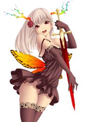 Rule 34 | 1girl, absurdres, antlers, bad id, bad pixiv id, bare shoulders, brown hair, butterfly wings, dress, elbow gloves, flower, gloves, hair flower, hair ornament, highres, horns, insect wings, long hair, looking at viewer, naidong (artist), open mouth, original, panties, pointy ears, red eyes, rose, simple background, smile, solo, strap slip, sword, tattoo, thighhighs, underwear, weapon, white hair, wings
